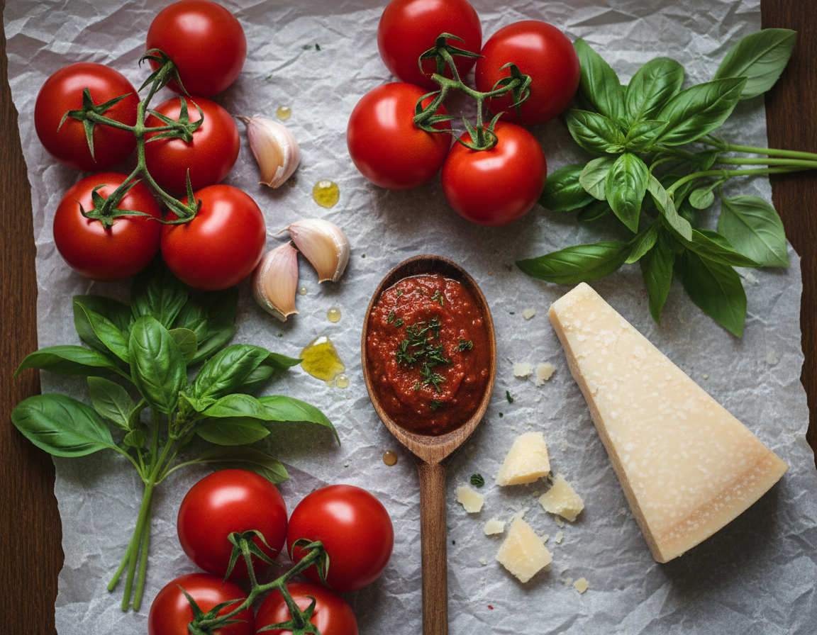 Fresh tomatoes, basil, garlic, and Italian ingredients