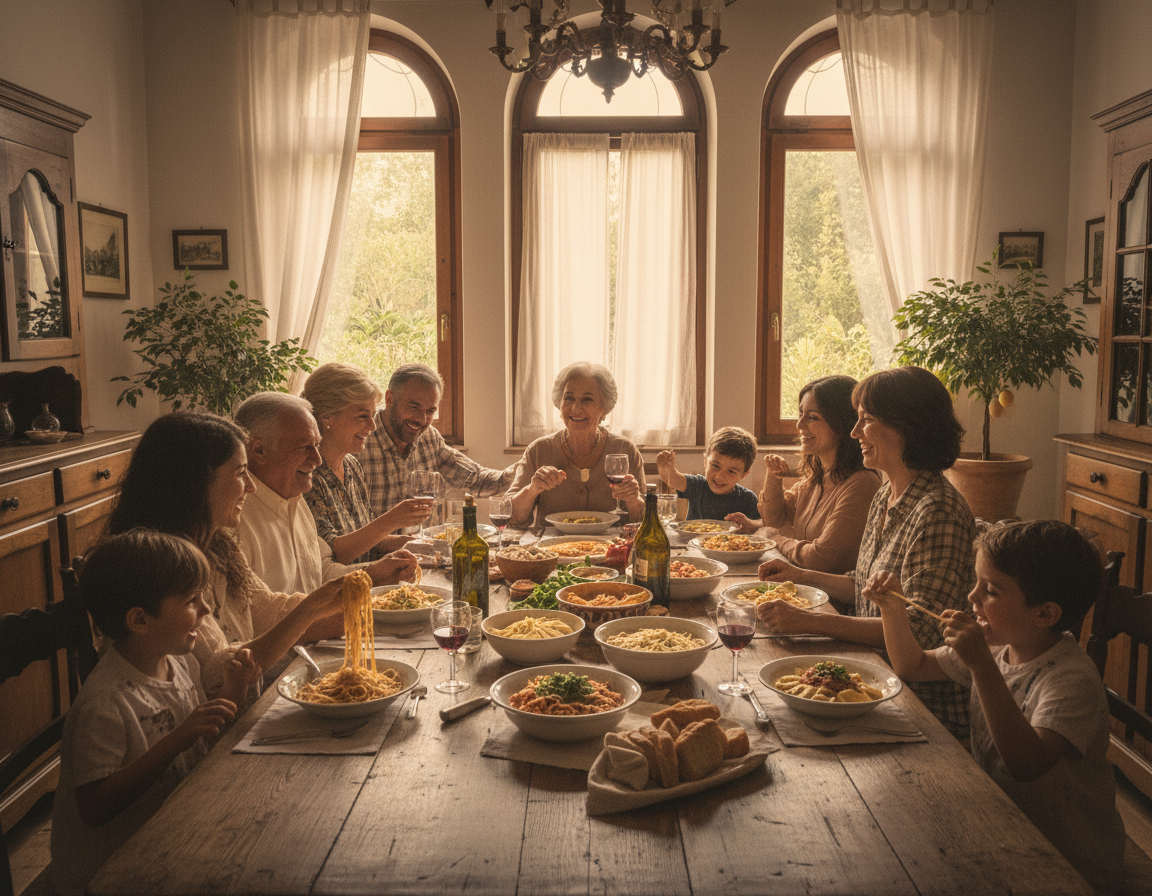 Family sharing an Italian meal