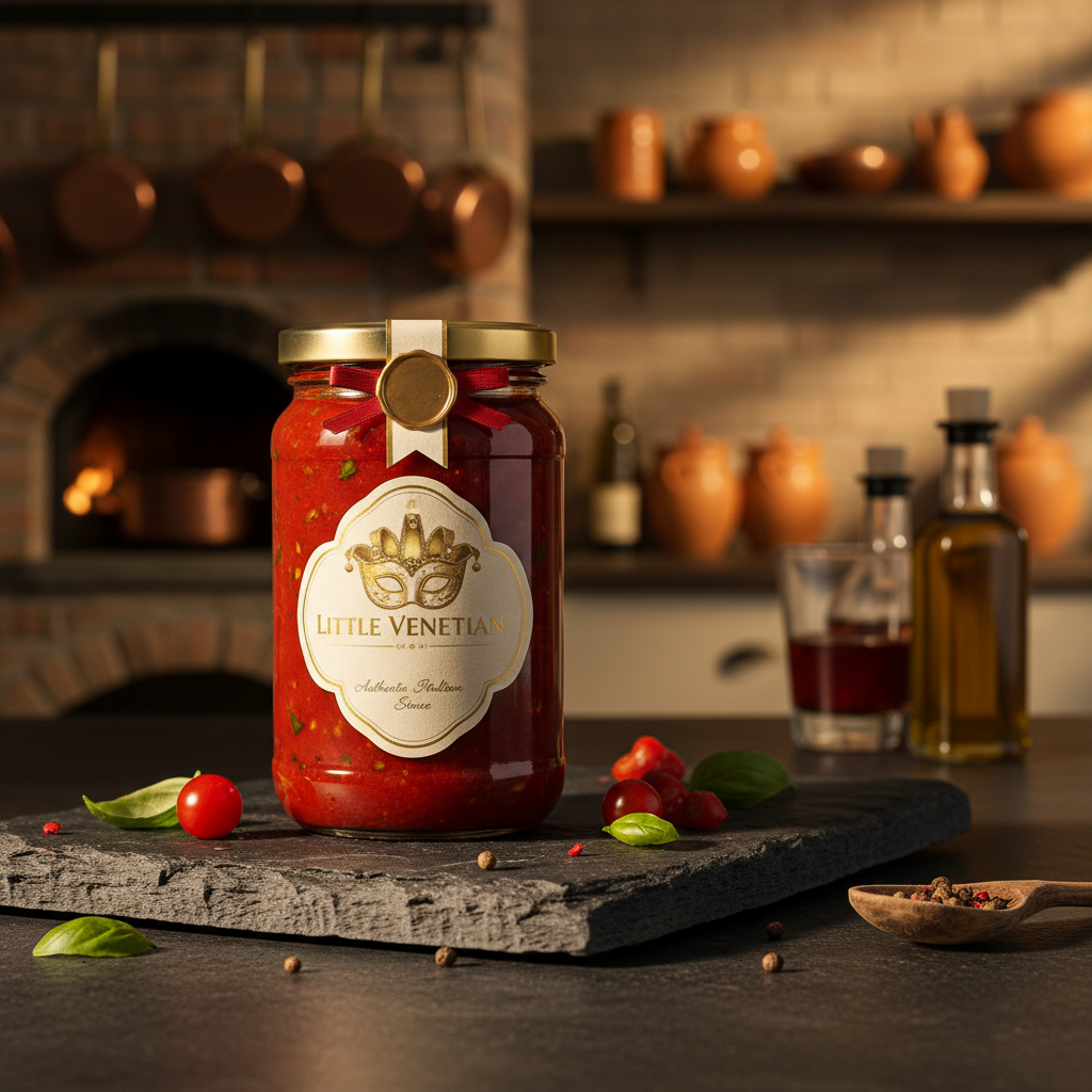 Jar of Little Venetian Pomodoro Sauce on a table